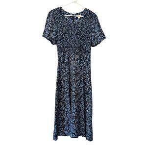 Christopher & Banks Women Size 12 Maxi Dress Blue Floral Elastic Stretch Tie Zip